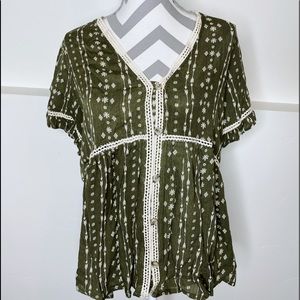 NWT Hope Ave Olive Green Arrow Boho Button Down Blouse